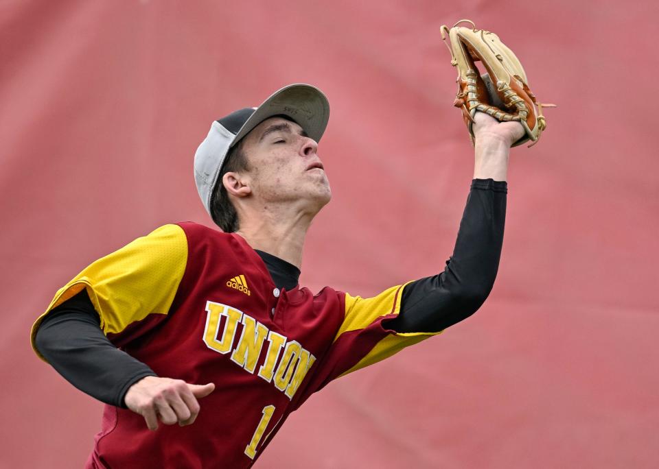 Tulare Union outfielder Adam Sims takes hit away from Wasco on Monday, March 25, 2024 in the 40th annual Tulare/Visalia PRO-PT Baseball Invitational at Tulare Western High School.