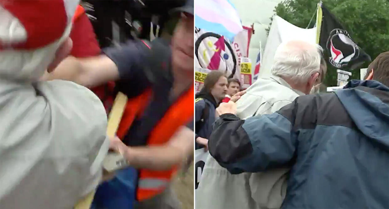 A Trump supporter was pushed to the floor at a rally in London (ITV)