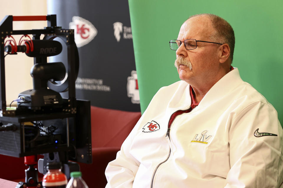 Kansas City Chiefs coach Andy Reid speaks to the media in advance of Super Bowl LV. (Steve Sanders/Kansas City Chiefs via AP)