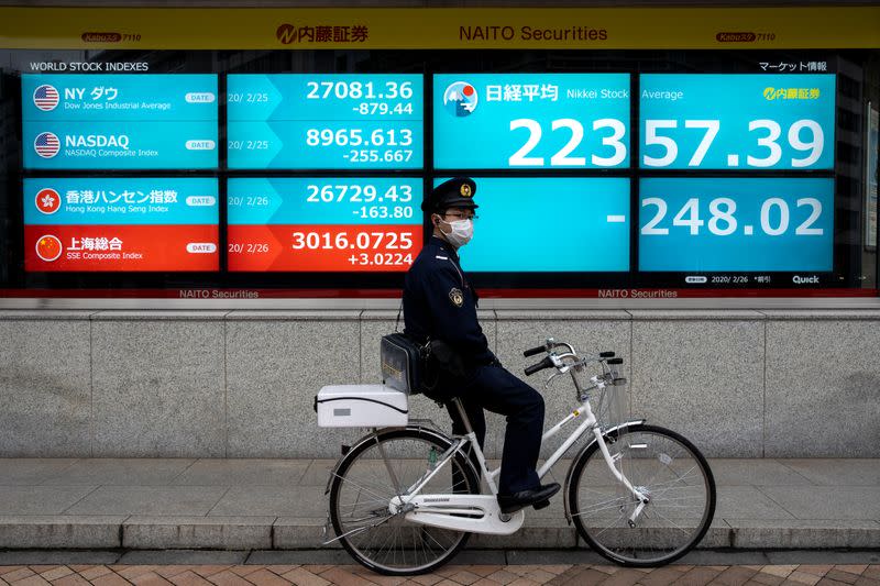 A police officer wearing a protective face mask stands with his bike in front of a screen showing the Nikkei index in Tokyo