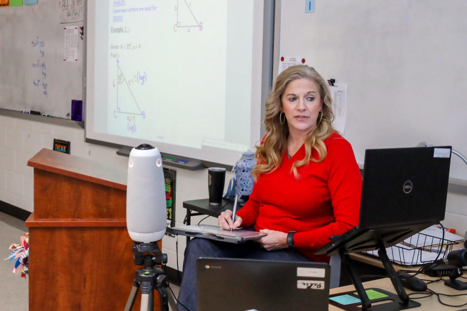 Reeves teaches students at Clinton High School and John A. Holmes High School with the help of a 360-degree camera. (Cheyenne McNeill/EducationNC)