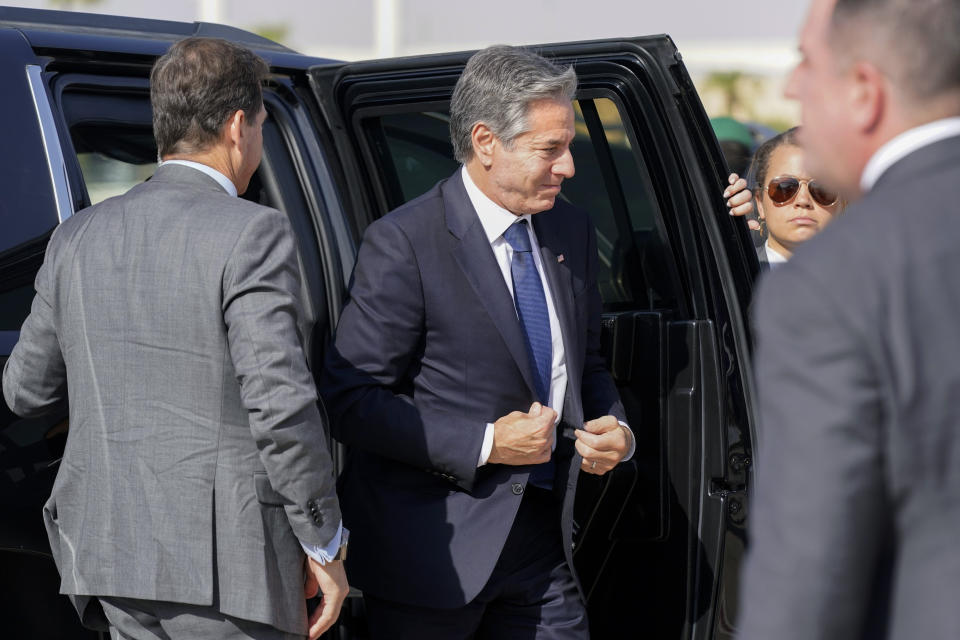 U.S. Secretary of State Antony Blinken, arrives at the airport to fly from Riyadh to Abu Dhabi after meeting with Saudi Foreign Minister Prince Faisal Bin Farhan, at the Ministry of Foreign Affairs in Riyadh, Saudi Arabia, Saturday Oct. 14, 2023. (AP Photo/Jacquelyn Martin, Pool)