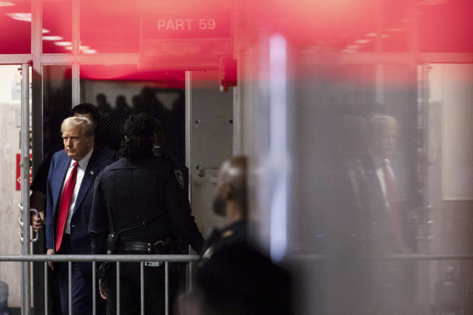 Former President Donald Trump leaves courtroom at Manhattan criminal court, Tuesday, April 23, 2024, in New York. (AP Photo/Yuki Iwamura, Pool)