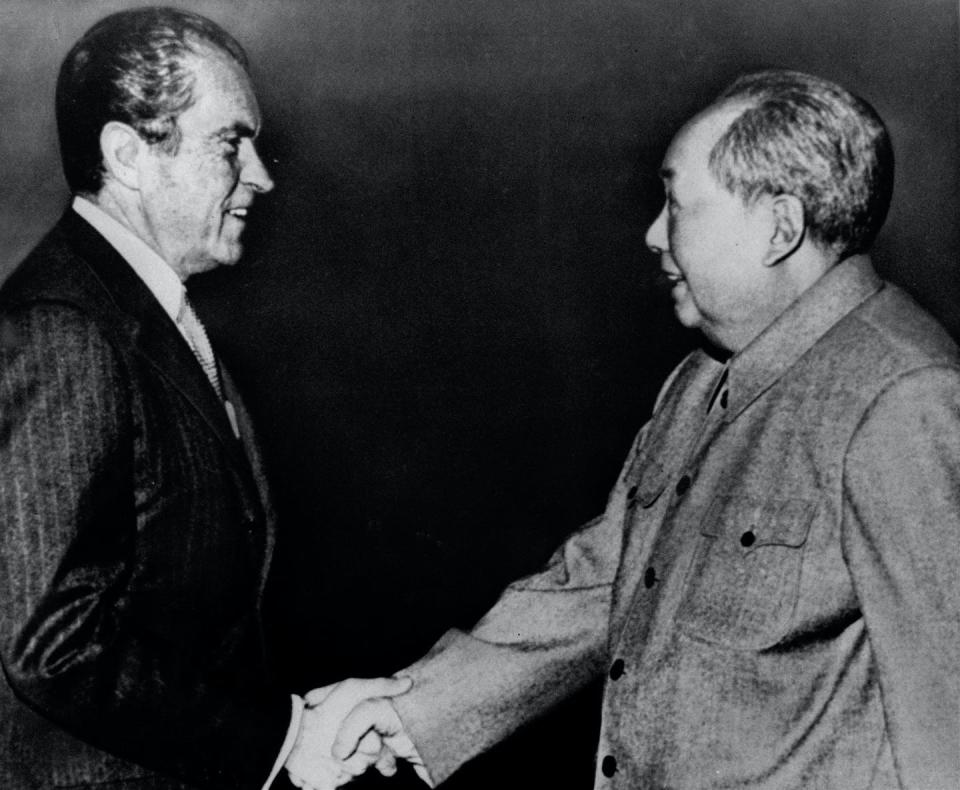 <span class="caption">Nixon and Mao meet during Nixon’s historic trip to China in 1972.</span> <span class="attribution"><span class="source">AAP/AP</span></span>