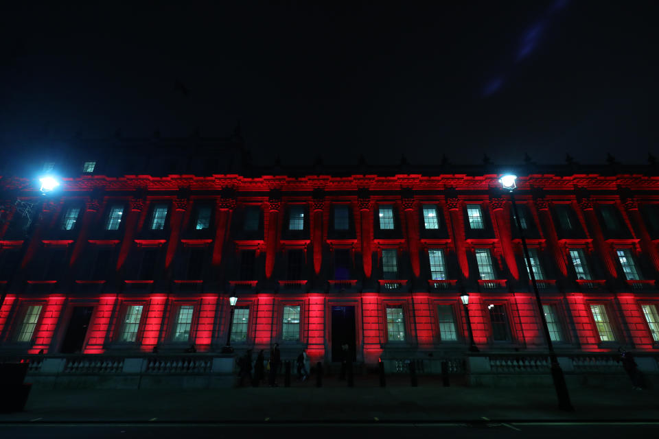 The Union Jack colours are lit up on Downing Street, London, as the UK leaves the European Union after 47 years.
