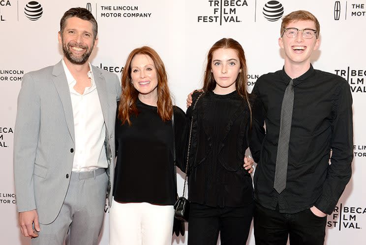 Julianne Moore and her husband, Bart Freundlich, hit the Tribeca Film Festival with their kids, Liv and Caleb, in April 2016. (Photo: Noam Galai/Getty Images for Tribeca Film Festival)