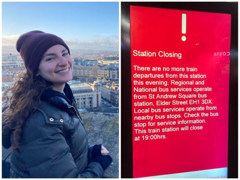 Left: Talia Lakritz in Scotland. Right: A sign saying "Station closing" at Edinburgh Waverley.