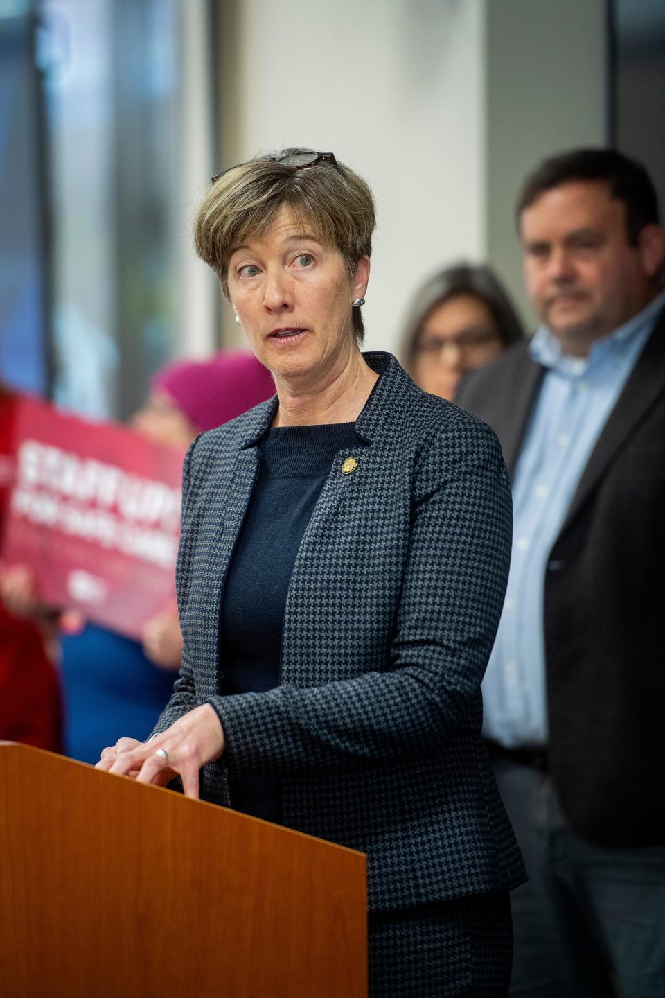 State Sen. Julie Mayfield speaks at a press conference after the federal government declared that conditions at Mission Hospital create an “immediate jeopardy” situation, the most serious deficiency regulators can assign.