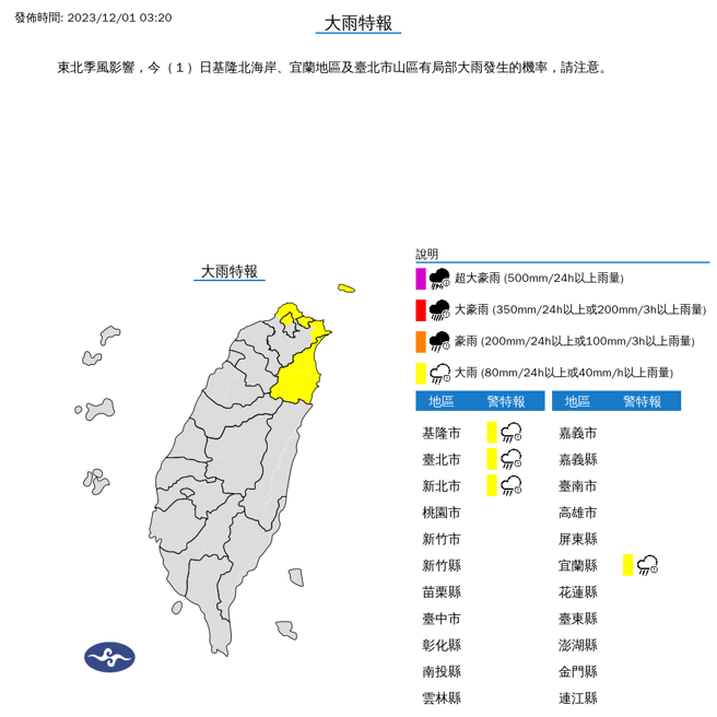 大雨特報。（圖取自氣象署網頁）