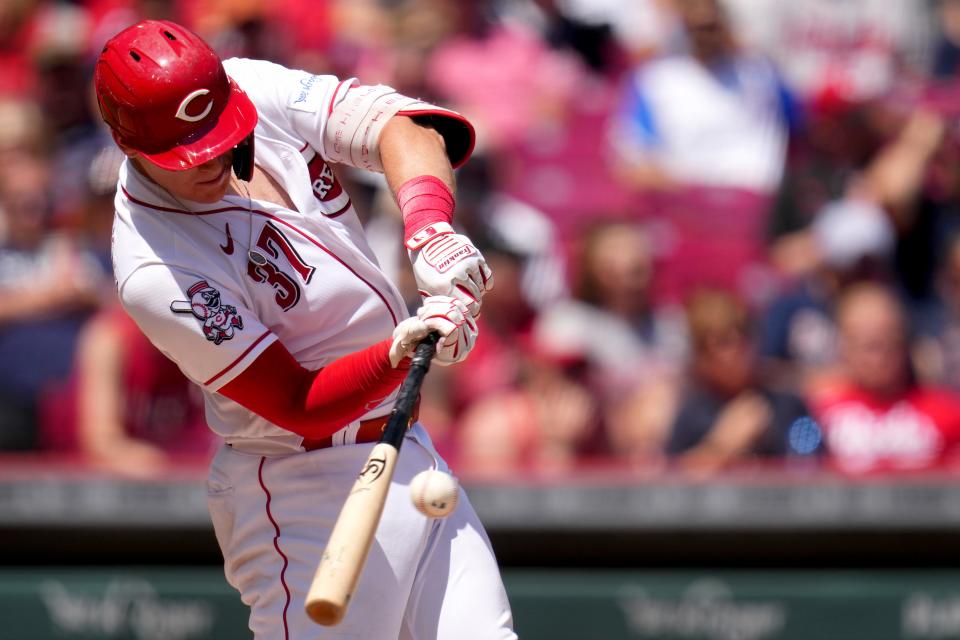 Cincinnati Reds catcher Tyler Stephenson hit the go-ahead home run  in Sunday's win over the Padres.