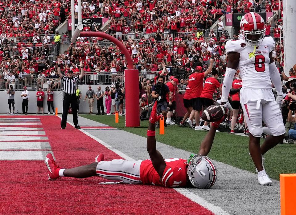 Sept. 9, 2023; Columbus, Oh., USA; 
Ohio State Buckeyes wide receiver Marvin Harrison Jr. (18) celebrates after scoring a touchdown during the second half of Saturday's NCAA Division I football game at Ohio Stadium.