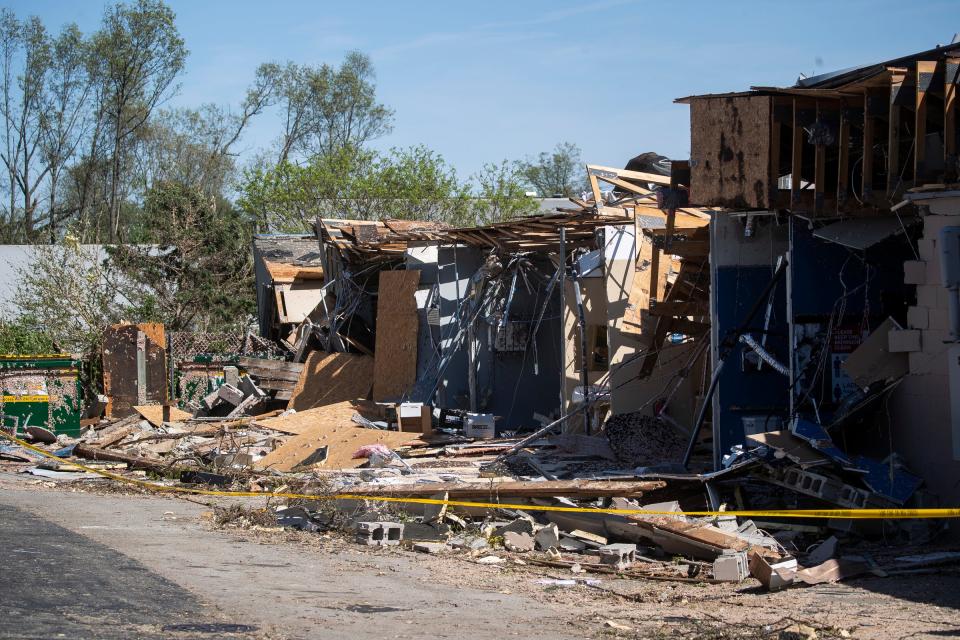 Tornado damage at a strip mall in Portage on Wednesday, May 8, 2024.