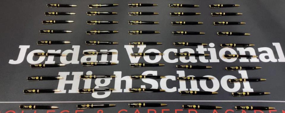 Jordan Vocational High School hosted Governor Brian Kemp on Thursday as he was in Columbus signing a series of bills promoting workforce development and economic opportunity. These ceremonial pens were given to those participating in the ceremony. 05/02/2024
