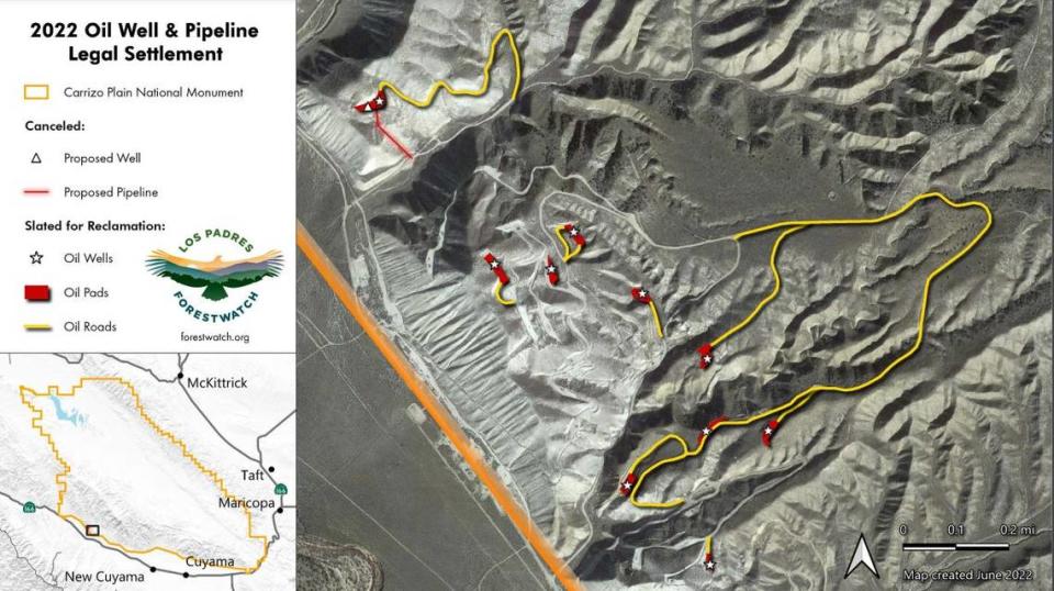 This map shows where 11 old oil wells and roads in the Carrizo Plain National Monument will be restored to natural conditions by 2028.