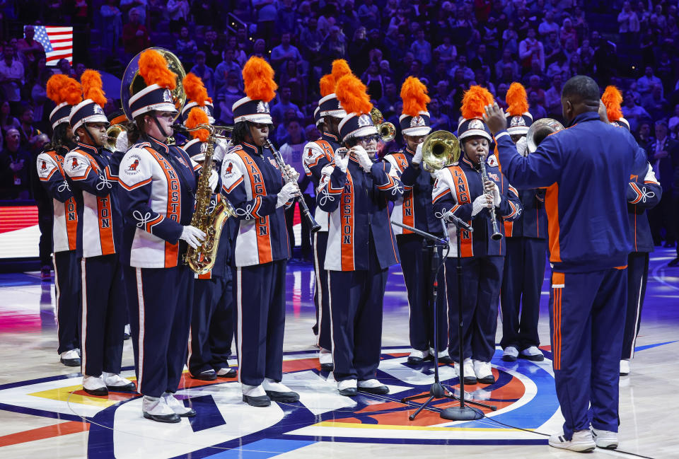Feb 2, 2024; Oklahoma City, Oklahoma, USA; Members of Langston University Marching Pride Band under the direction of Dr. Mark Gordon perform the National Anthem before the start of a game between the Charlotte Hornets and Oklahoma City Thunder at Paycom Center. Mandatory Credit: Alonzo Adams-USA TODAY Sports