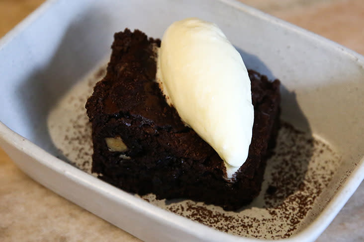 An unusual combination for dessert: Traditional smoky 'pisang salai' in a moist chocolate brownie