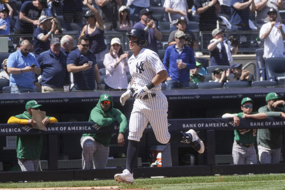 New York Yankees' Anthony Volpe runs home after hitting a grand slam in the fifth inning against Oakland Athletics, Wednesday, May 10, 2023, in New York. (AP Photo/Bebeto Matthews)