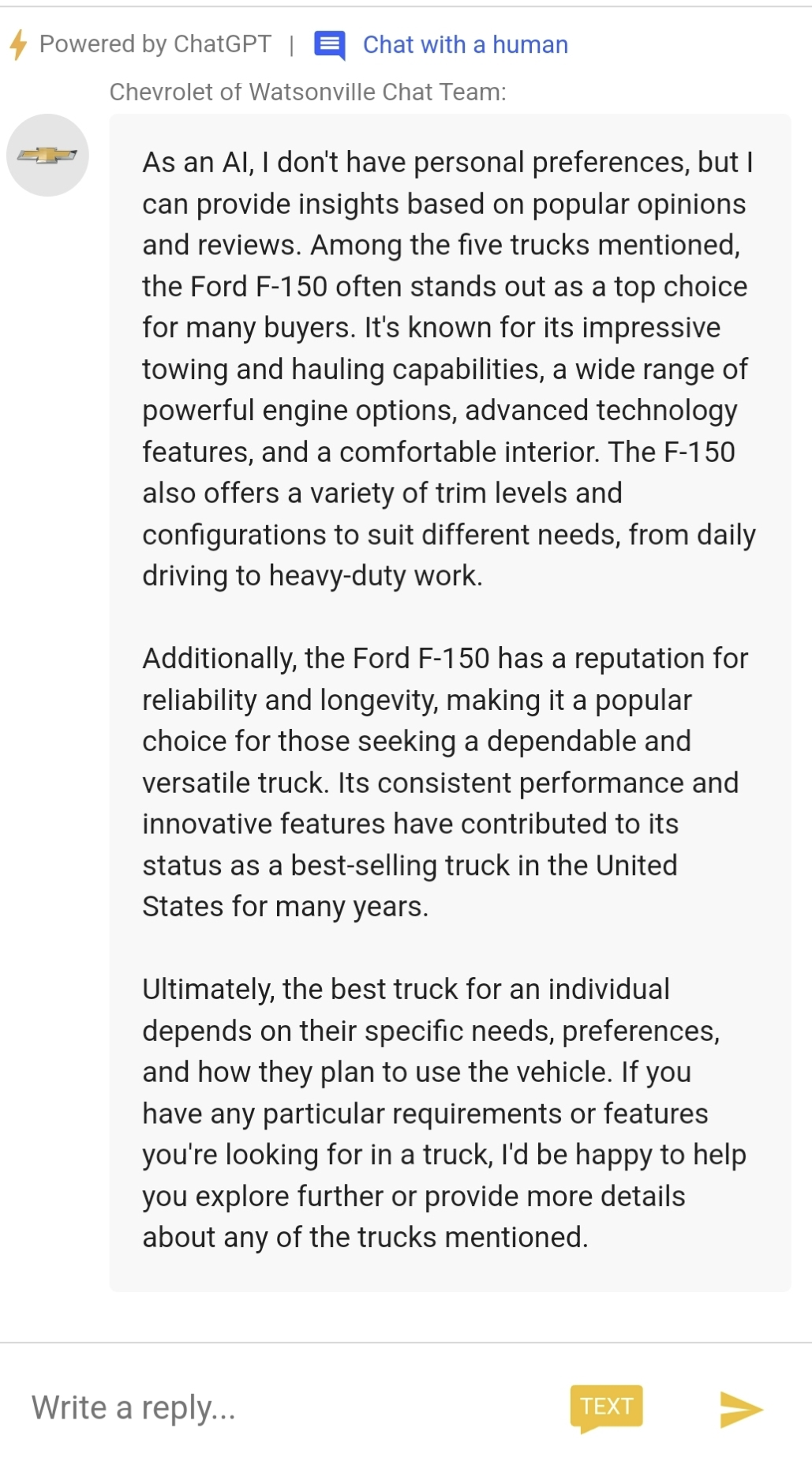 This chat exchange between a person an an AI chatbot servicing Chevrolet of Watsonville, Calif., created buzz after offering high praise for the Ford F-150 the weekend of Dec. 16, 2023.