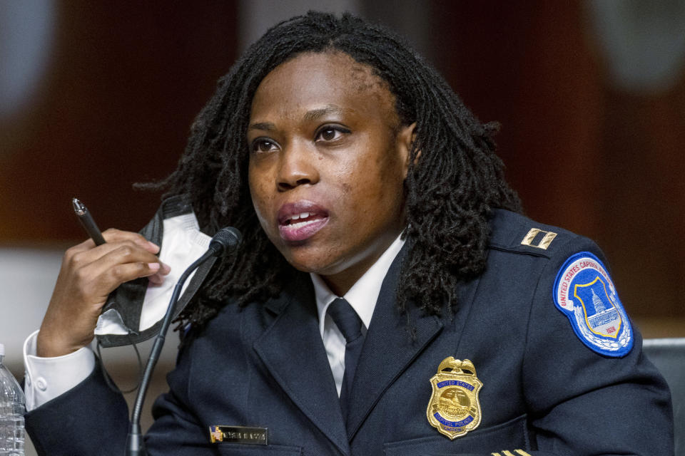 Capitol Police Capt. Carneysha Mendoza speaks at a Senate Homeland Security and Governmental Affairs & Senate Rules and Administration joint hearing on Capitol Hill, Washington, Tuesday, Feb. 23, 2021, to examine the January 6th attack on the Capitol. (AP Photo/Andrew Harnik, Pool)