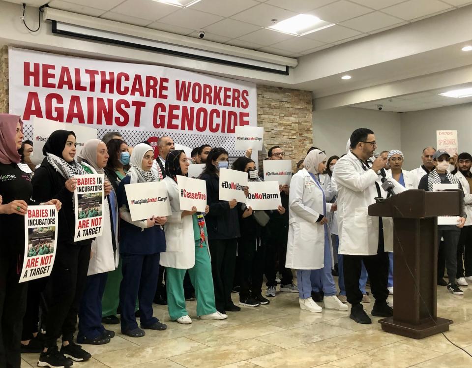 Dr. Samir Zaina speaks at a news conference Saturday, Nov. 18, 2023 in advocating for the protection of hospitals "against indiscriminate bombing, invasion, and senseless violence in Gaza."