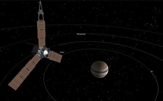 An artist's conception of the Juno spacecraft orbiting Jupiter.