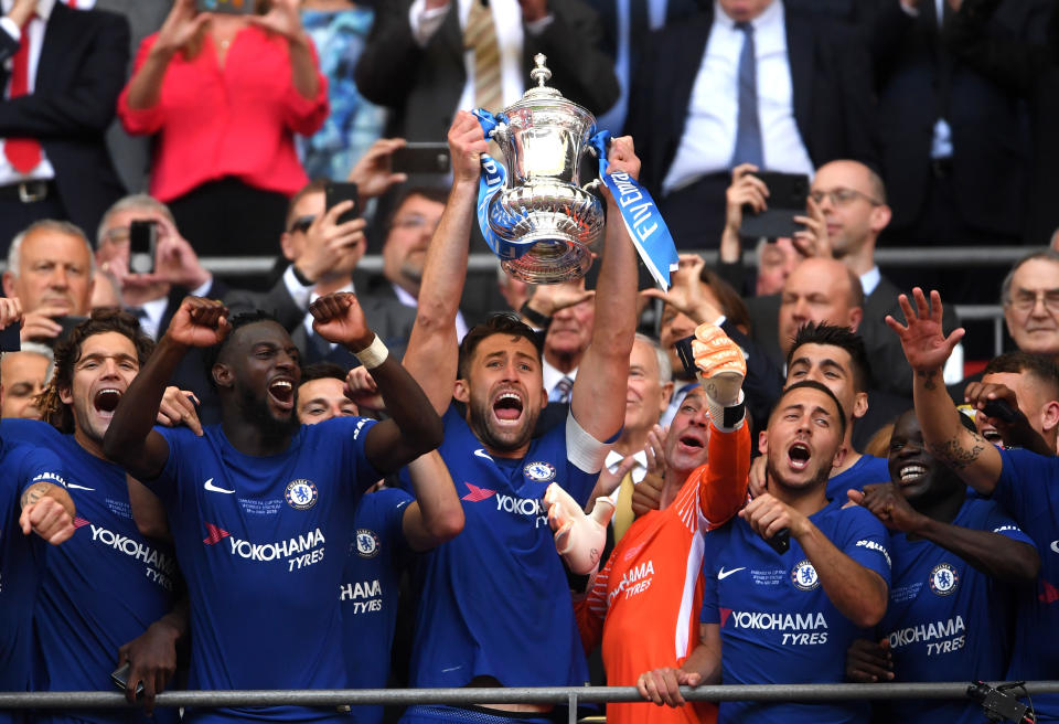 Chelsea’s Captain, Gary Cahill lifts the FA Cup after beating Man Utd 1-0