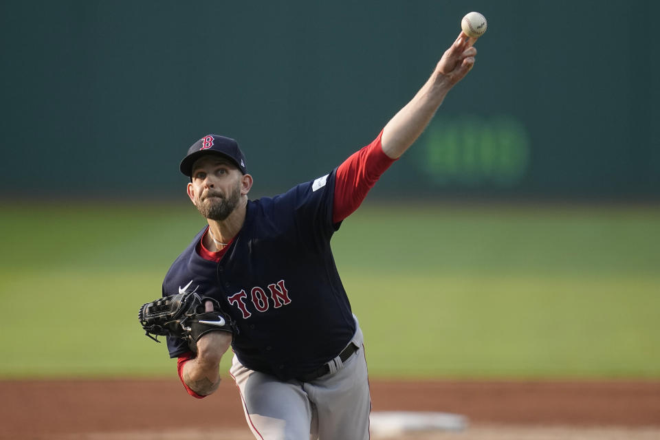 Boston Red Sox starting pitcher James Paxton throws during the first inning of the team's baseball game against the Cleveland Guardians, Tuesday, June 6, 2023, in Cleveland. (AP Photo/Sue Ogrocki)