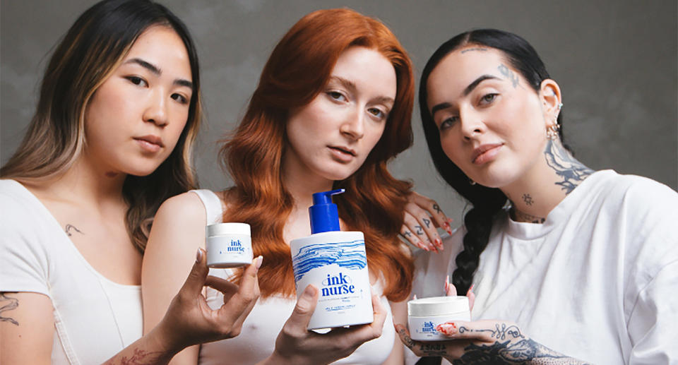 Models holding Ink Nurse tattoo aftercare products, available at Chemist Warehouse