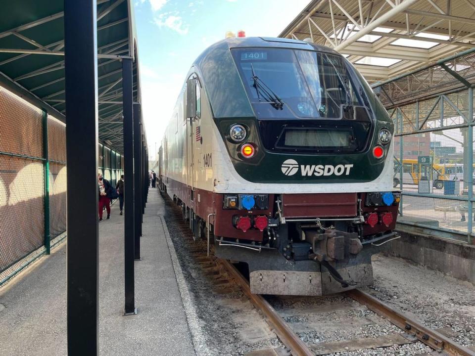 Amtrak’s Cascade train pulls into Pacific Central Station in Vancouver, B.C., for the first time since March 2020 on Monday, Sept. 26.