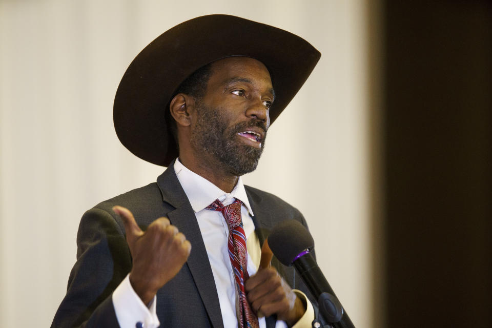 Jimmy Lee Tillman II, one of seven candidates seeking the Republican nomination in the primary Tuesday, June 28, 2022, for U.S. Senate in Illinois, speaks at a republican candidate forum on Sunday May 1, 2022, in Skokie, Ill. Seven candidates are seeking the Republican nomination in the primary Tuesday, June 28, 2022 for U.S. Senate in Illinois. The winner will take on incumbent Sen. Tammy Duckworth. (Armando L. Sanchez/Chicago Tribune via AP)