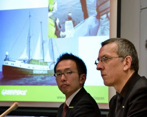 Greenpeace safety advisor Jan van de Putte of Belgium and Greenpeace Japan executive director Junichi Sato (L) attend a press conference in Tokyo on May 26, 2011. Greenpeace warned that marine life it tested more than 20 kilometres off Japan's stricken Fukushima nuclear plant showed radiation far above legal limits