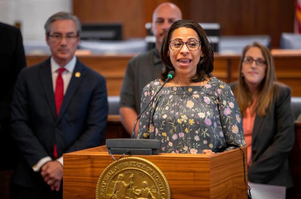 Delicia Hare of Rolesville, N.C., the mother of four children, speaks during a press briefing on the benefits of the ‘Choose Your School, Choose Your Future Act’ on Wednesday, April 26, 2023 at the General Assembly in Raleigh, N.C. Hare has already received a scholarship for one of her children.