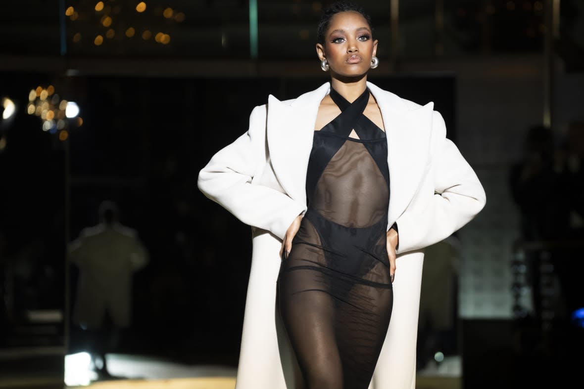 The LaQuan Smith Fall/Winter 2023 collection is modeled during Fashion Week at the Rainbow Room on Monday, Feb. 13, 2023, in New York. (Photo by Charles Sykes/Invision/AP)