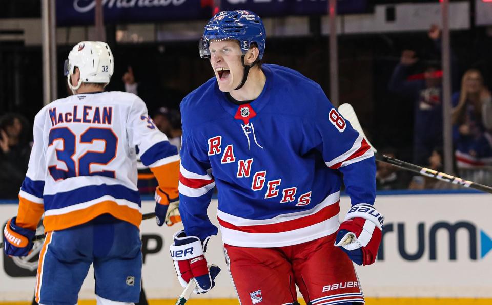 Sep 24, 2024; New York, New York, USA; New York Rangers center Adam Edstrom (84) celebrates his game-winning goal against the New York Islanders during the third period at Madison Square Garden.