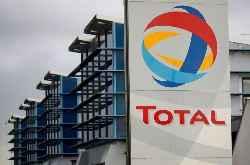 FILE PHOTO: The logo of a French oil giant Total is seen at the refinery in Donges