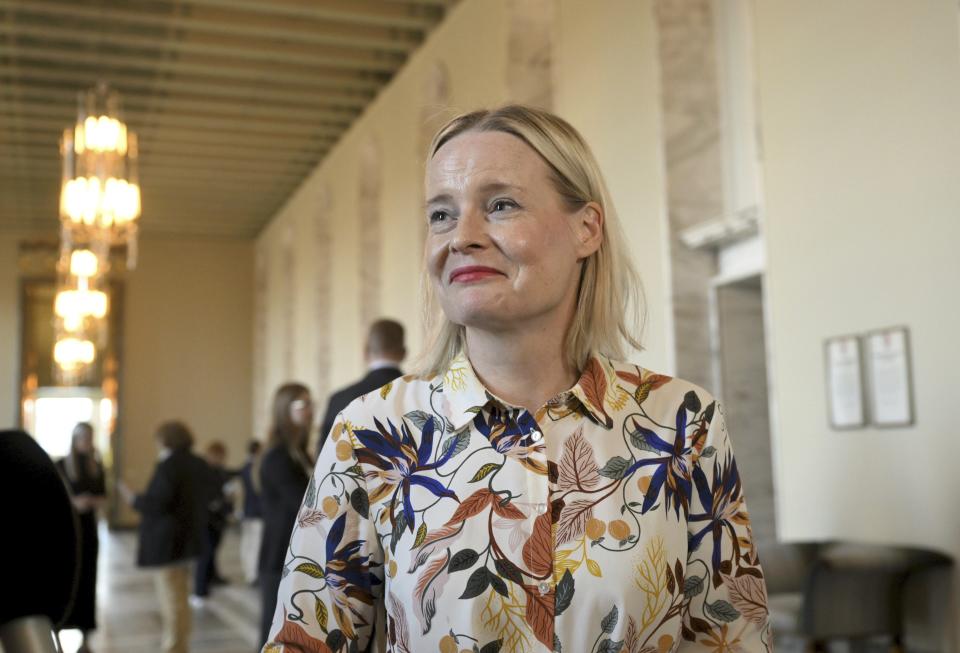 Finnish Minister of Finance Riikka Purra meets the media after his government's non-confidence vote at the Parliament of Finland in Helsinki on Friday, Sept. 8, 2023. (Vesa Moilanen/Lehtikuva via AP)