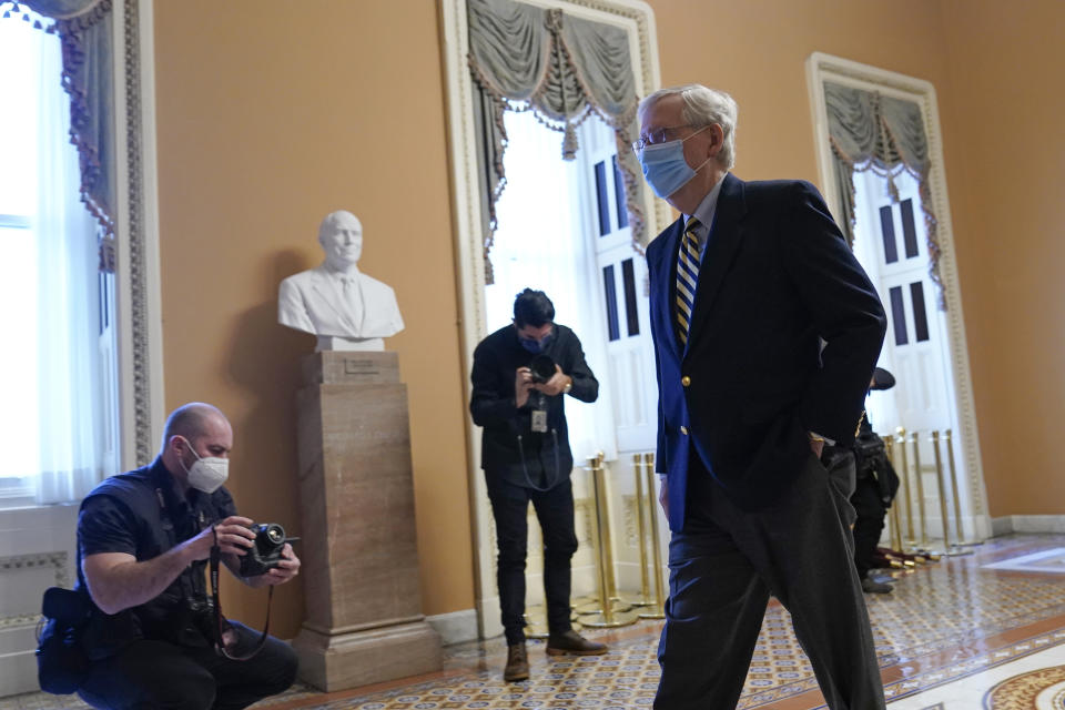 Senate Minority Leader Mitch McConnell of Ky., walks to his office on Capitol Hill in Washington, Monday, Jan. 25, 2021. (AP Photo/Susan Walsh)