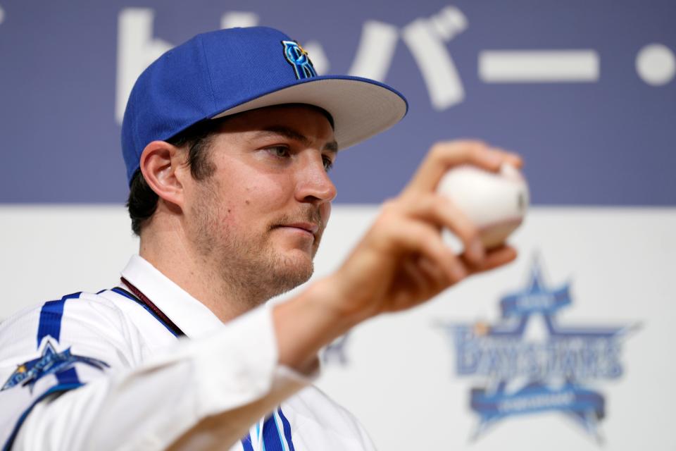Trevor Bauer, shown on March 24, 2023, in Yokohama, near Tokyo, now plays professional baseball in Japan after he went unsigned by MLB teams following sexual assault claims made against him.