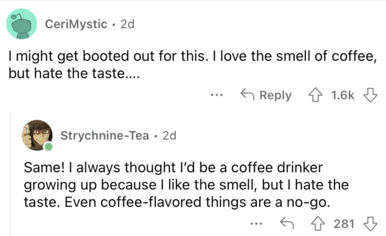 Reddit screenshot from someone who finds coffee to be disgusting.