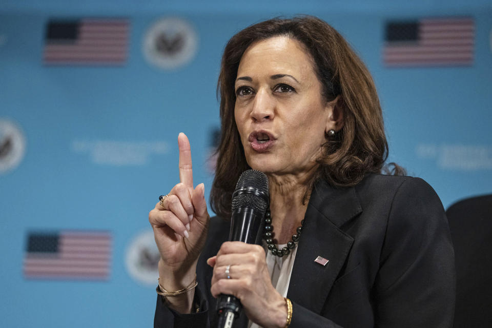 U.S. Vice President Kamala Harris participates in a roundtable discussing women's issues, rights and empowerment, Monday, Nov. 21, 2022, in Manila, Philippines. (Haiyun Jiang/The New York Times via AP, Pool)