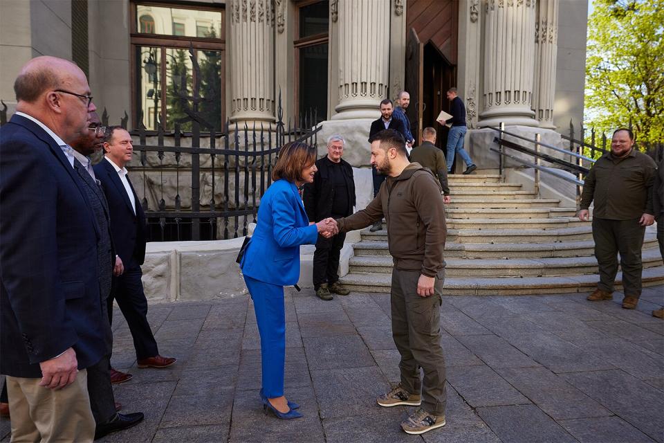 Ukrainian President Volodymyr Zelensky meets U.S. Speaker of the House Nancy Pelosi during a visit by a U.S. congressional delegation on April 30, 2022 in Kyiv, Ukraine. The US Speaker of the House led a congressional delegation, which included (left to right) Rep. Jim McGovern, Rep. Gregory Meeks and Rep. Adam Schiff, on a secret meeting with the Ukrainian president that was announced the next day, as they left the country for nearby Poland