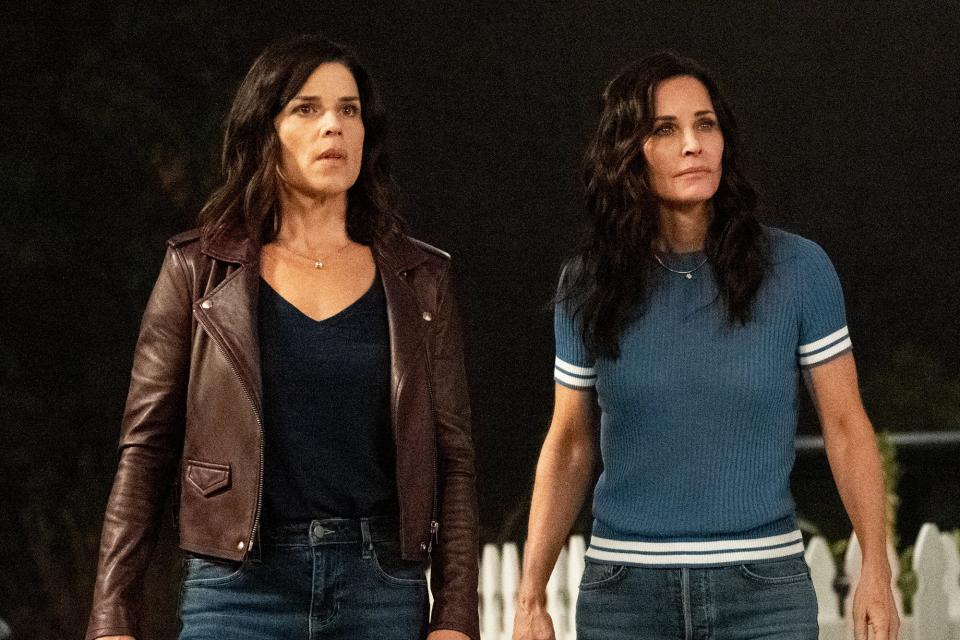 Neve Campbell (“Sidney Prescott”), left, and Courteney Cox (“Gale Weathers”) star in Paramount Pictures and Spyglass Media Group's "Scream."