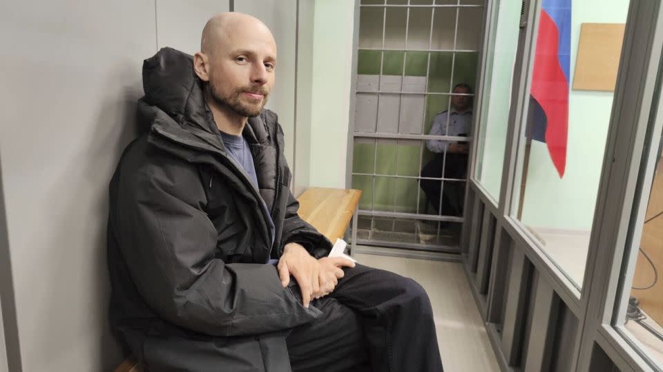 Journalist Sergey Karelin appears in court in Russia's Murmansk region, April 27, 2024. - AP
