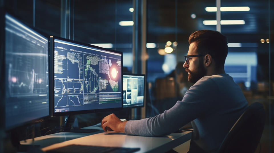 A software engineer working on a monitor in a modern office.