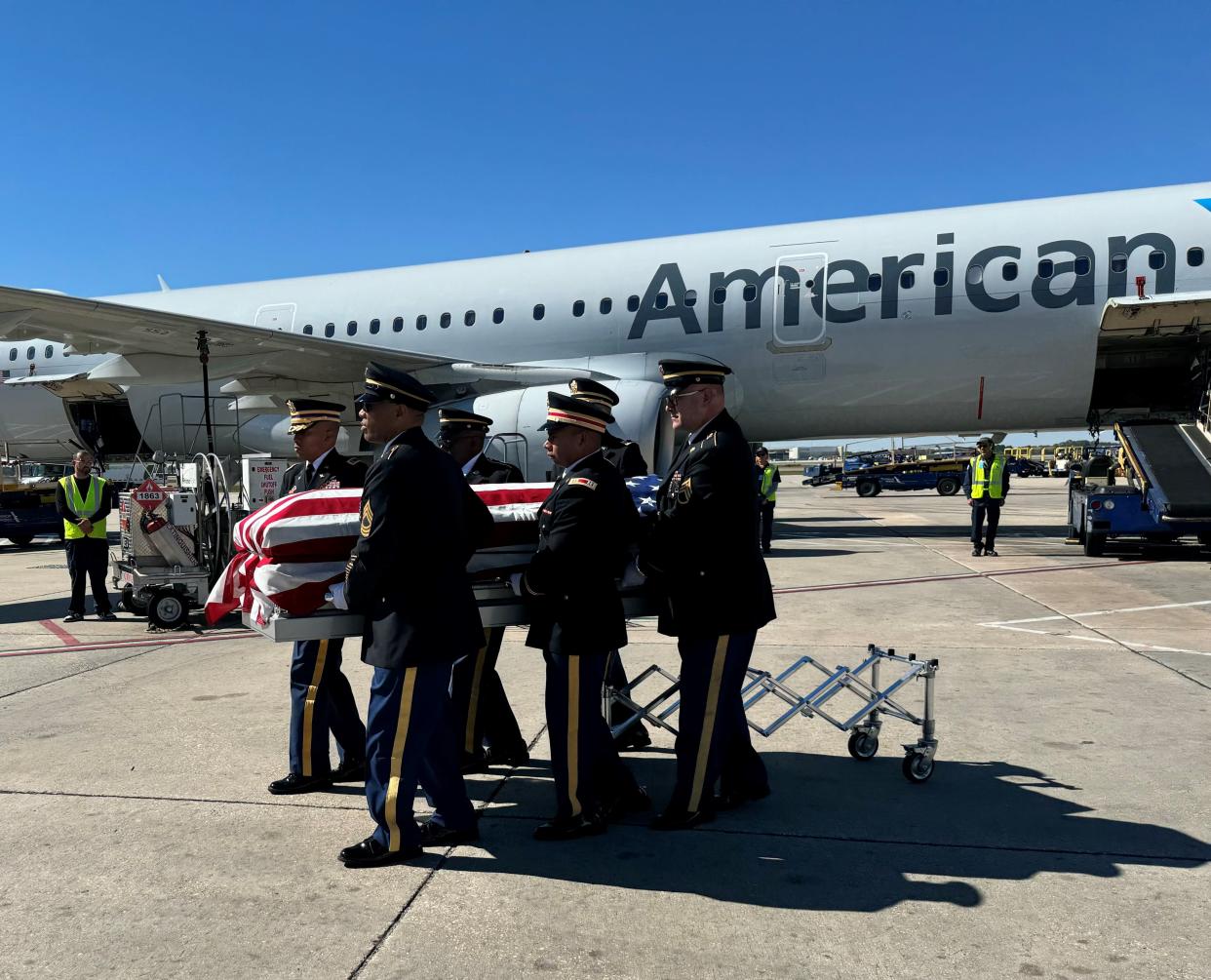 Robert Lee Hurst's coffin arrives at Orlando International Airport Wednesday Feb. 14, 2024. Hurst, a Wabasso native, died in 1942 while serving with the U.S. Army in the Philippines and was interred there. In 2023, his identity was confirmed after the Army matched his DNA with his descendants'. He was expected to be buried Feb. 17, 2024, in Winter Beach Cemetery in Indian River County, Florida.