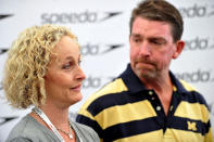 Stacey Clary and Lonnie Clary, parents of USA swimmer Tyler Clary talk to the media on July 31, 2012 in London, England. Parents and friends of Olympic swimmers attend a Speedo media event, 'Speedo Meet the Friends and Family of London 2012 Olympic Swimmers.' (Photo by Bethany Clarke/Getty Images)