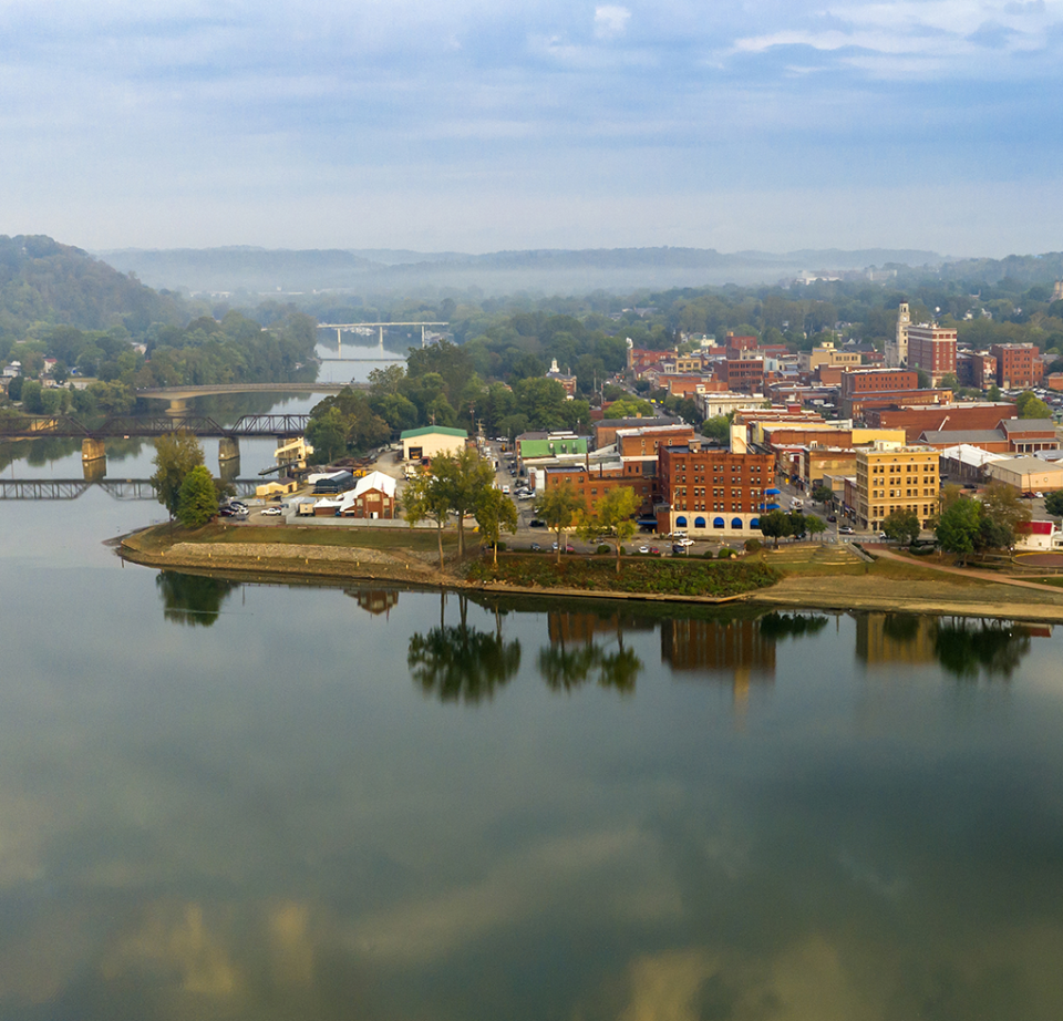 Marietta, Ohio, at the mouth of the Muskingum River as it enters the Ohio River.