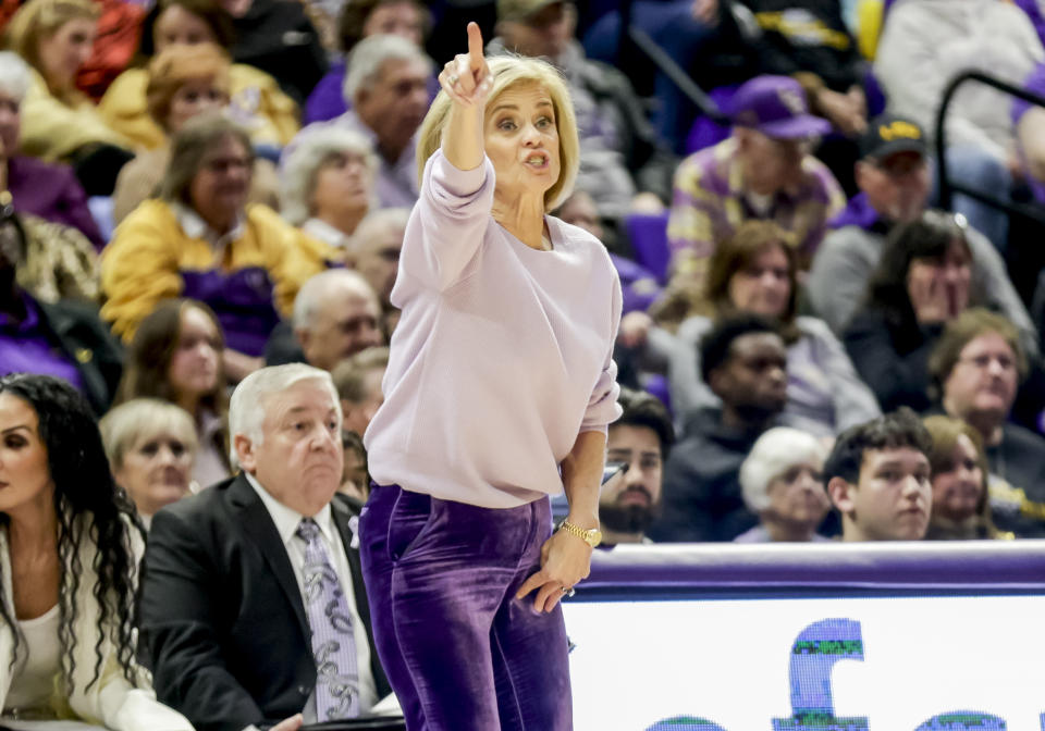 LSU head coach Kim Mulkey reacts to an official's call in the first half of an NCAA college basketball game against the Georgia in Baton Rouge, La., Thursday, Feb. 2, 2023. (AP Photo/Derick Hingle)