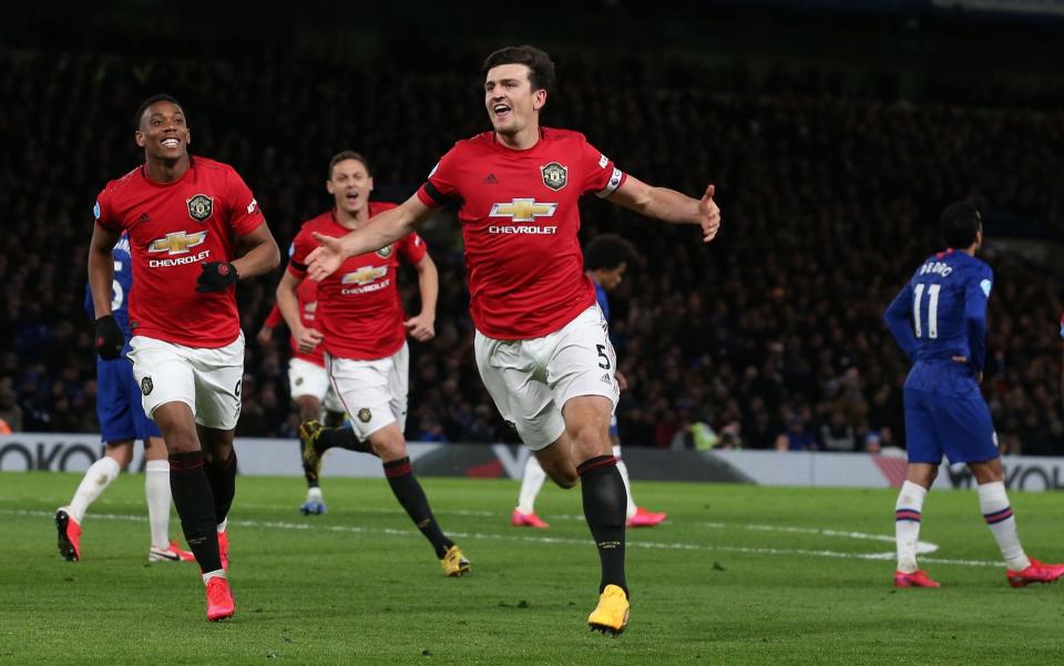 Harry Maguire of Manchester United celebrates scoring their second goal during the Premier League match between Chelsea FC and Manchester United at Stamford Bridge on February 17, 2020 in London, United Kingdom - Manchester United
