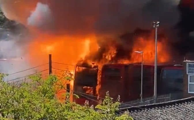 At the height of the blaze, six buses were on fire